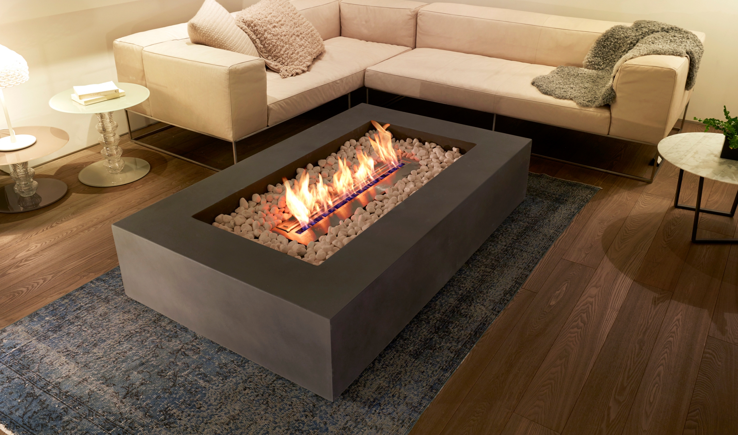 living room table with fireplace